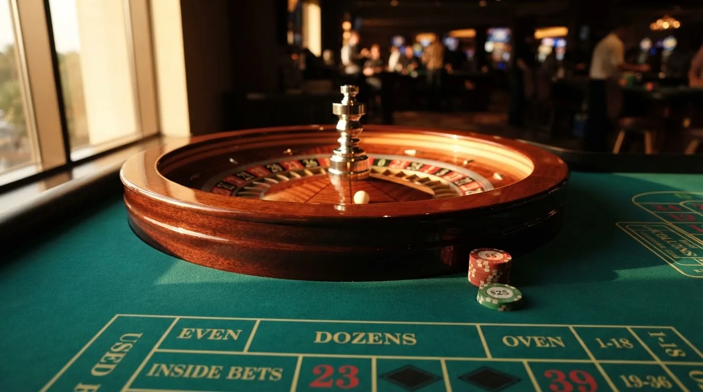 Roda de roleta e fichas sobre feltro verde, sob uma luz quente de fim de tarde — 1 euro casino em portugal