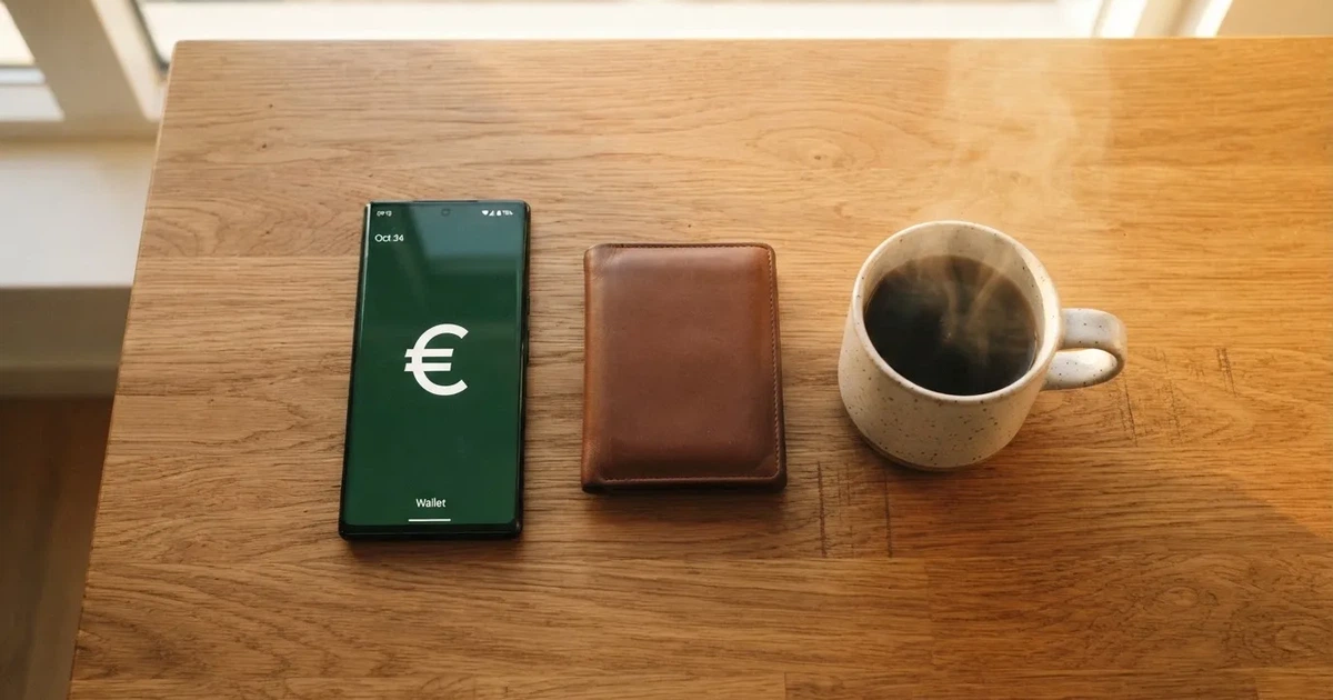 Telemóvel numa mesa de madeira ao lado de uma carteira e de uma chávena de café — 1 euro casino em portugal