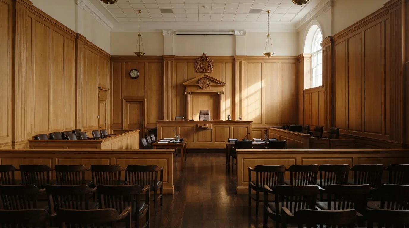 Sala de tribunal vazia com painéis de madeira, à luz da manhã — 10 euro casino em portugal