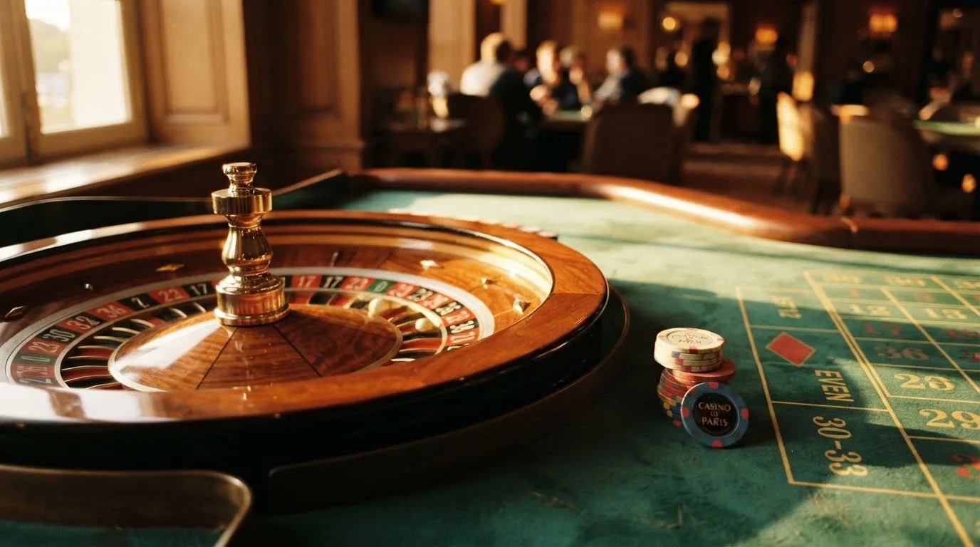 Roda de roleta e fichas sobre feltro verde, sob uma luz quente de fim de tarde — 10 euro casino em portugal
