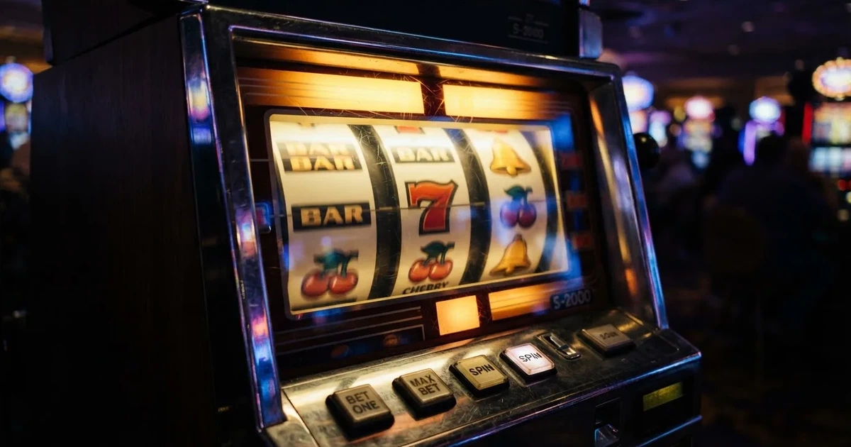 Rolos luminosos de uma slot machine numa sala escura, em grande plano — 10 euro casino em portugal