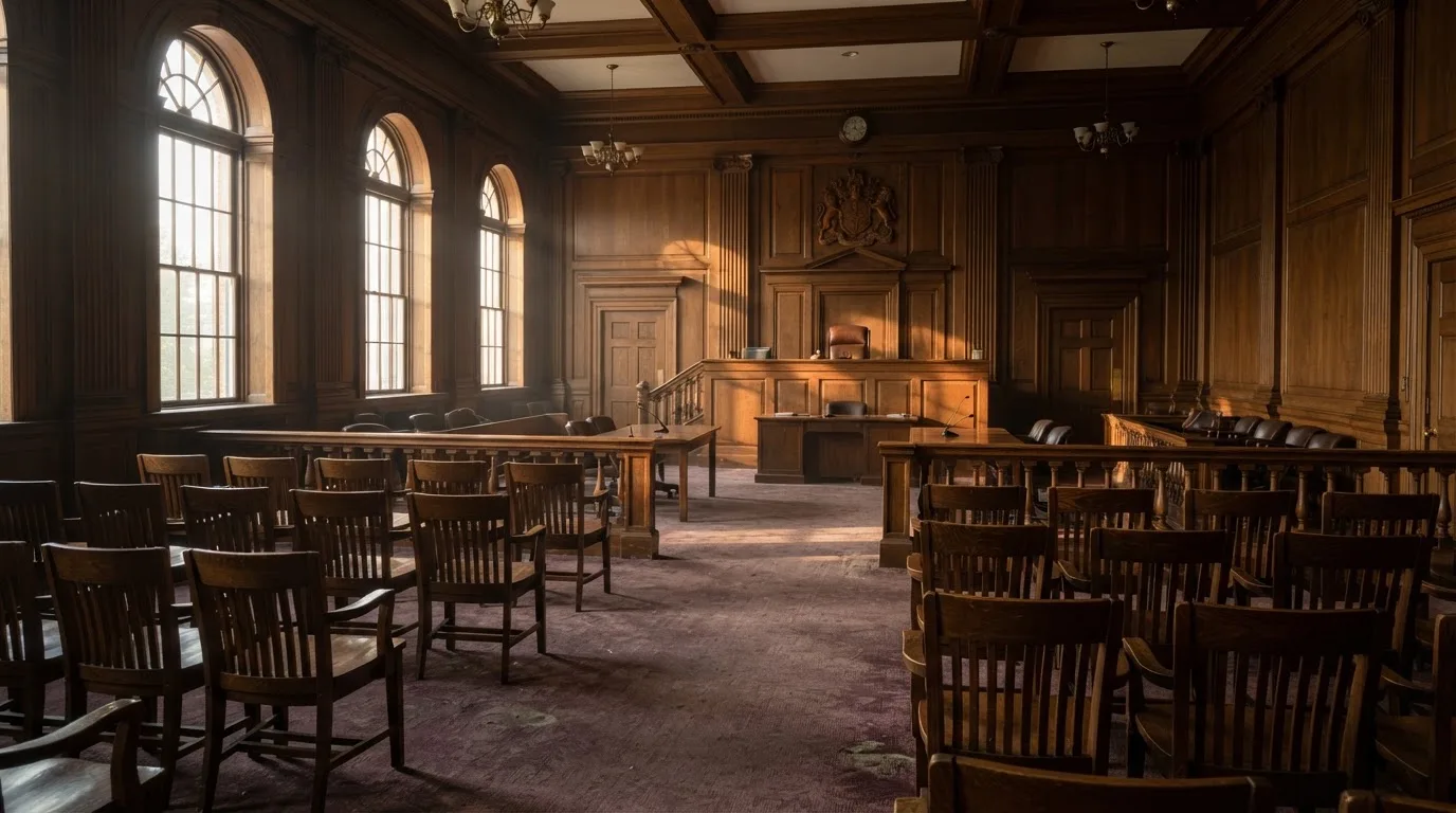 Sala de tribunal vazia com painéis de madeira, à luz da manhã — 20 euro casino em portugal
