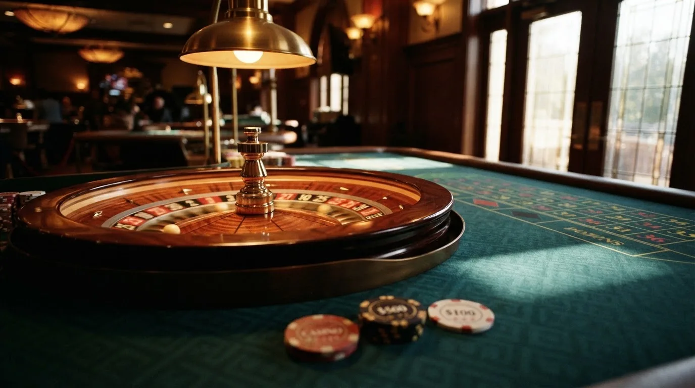 Roda de roleta e fichas sobre feltro verde, sob uma luz quente de fim de tarde — 20 euro casino em portugal