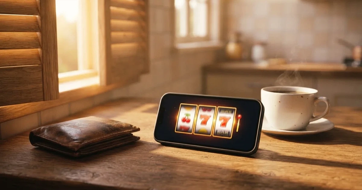 Telemóvel numa mesa de madeira ao lado de uma carteira e de uma chávena de café — 20 euro casino em portugal