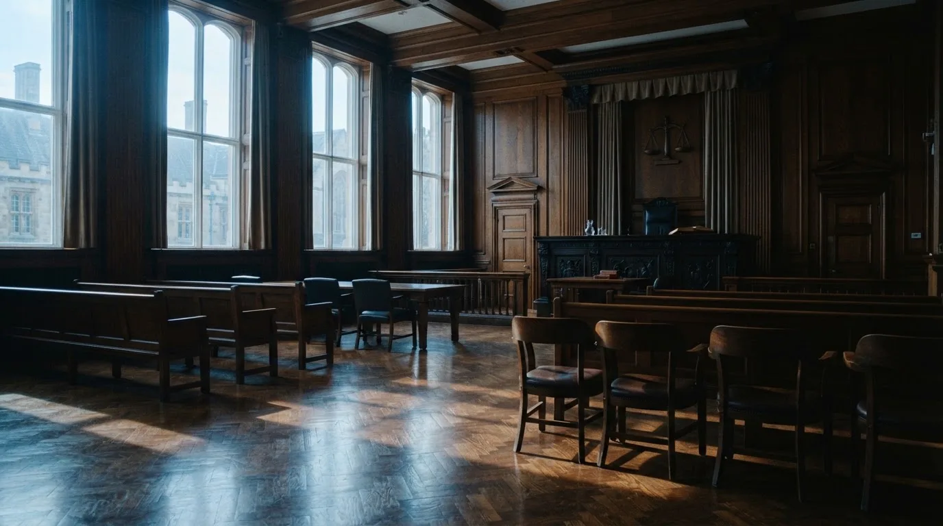 Sala de tribunal vazia com painéis de madeira, à luz da manhã — 5 euro casino em portugal