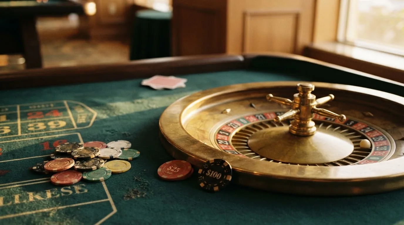 Roda de roleta e fichas sobre feltro verde, sob uma luz quente de fim de tarde — 5 euro casino em portugal