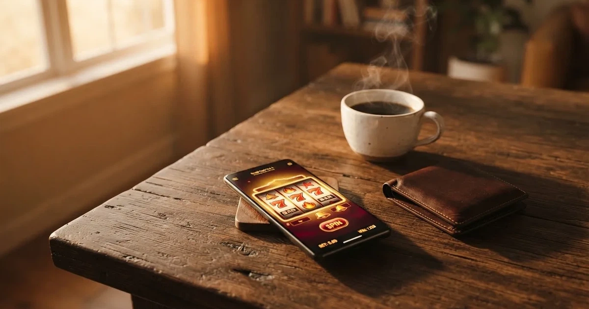 Telemóvel numa mesa de madeira ao lado de uma carteira e de uma chávena de café — 5 euro casino em portugal