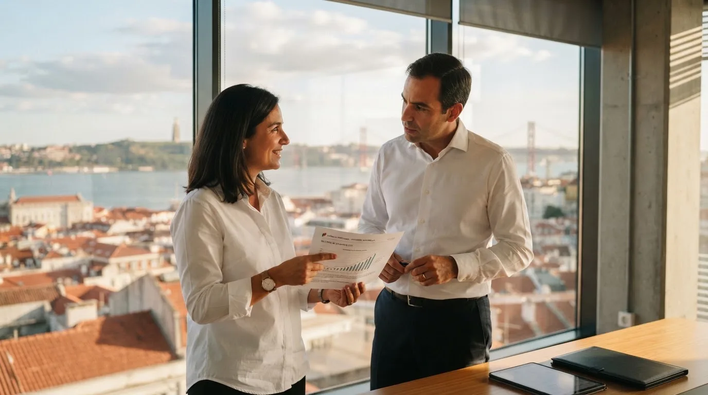 Duas pessoas de camisa a conversar junto a uma janela grande de um escritório público, com a cidade de Lisboa desfocada atrás.