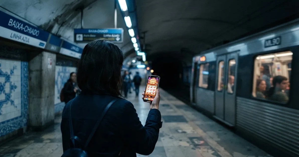 Pessoa de pé numa estação de metro a usar um telemóvel com a mão direita, com carruagem desfocada e luz fria ao fundo.