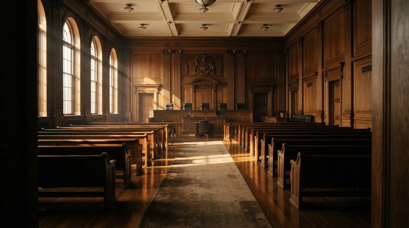 Sala de tribunal vazia com painéis de madeira, à luz da manhã — blackjack ao vivo em portugal