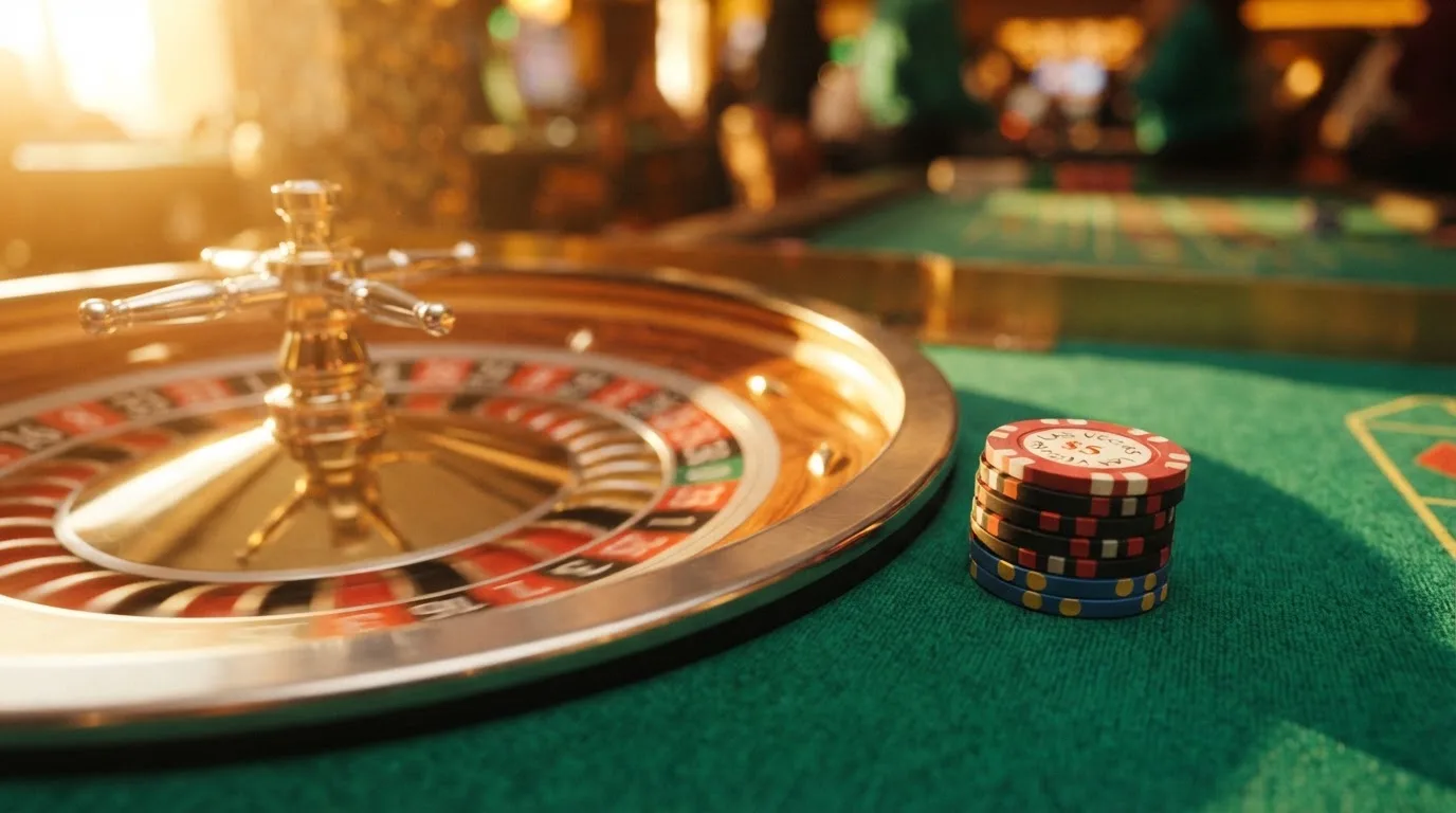 Roda de roleta e fichas sobre feltro verde, sob uma luz quente de fim de tarde — blackjack ao vivo em portugal