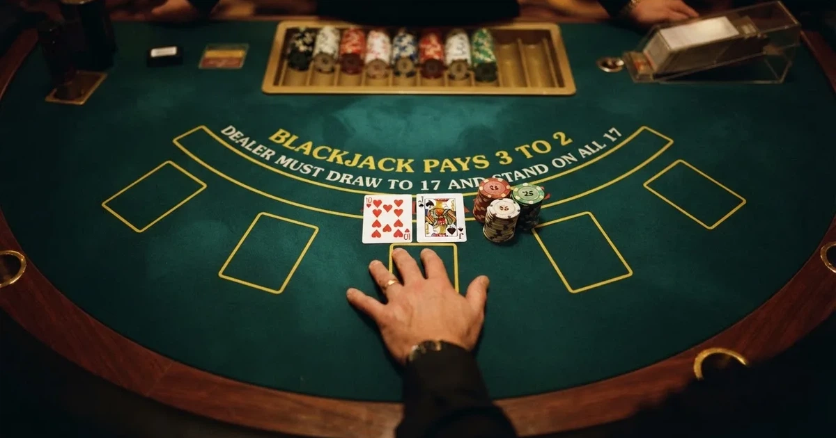 Mesa de jogo iluminada com cartas, vista de cima — blackjack ao vivo em portugal