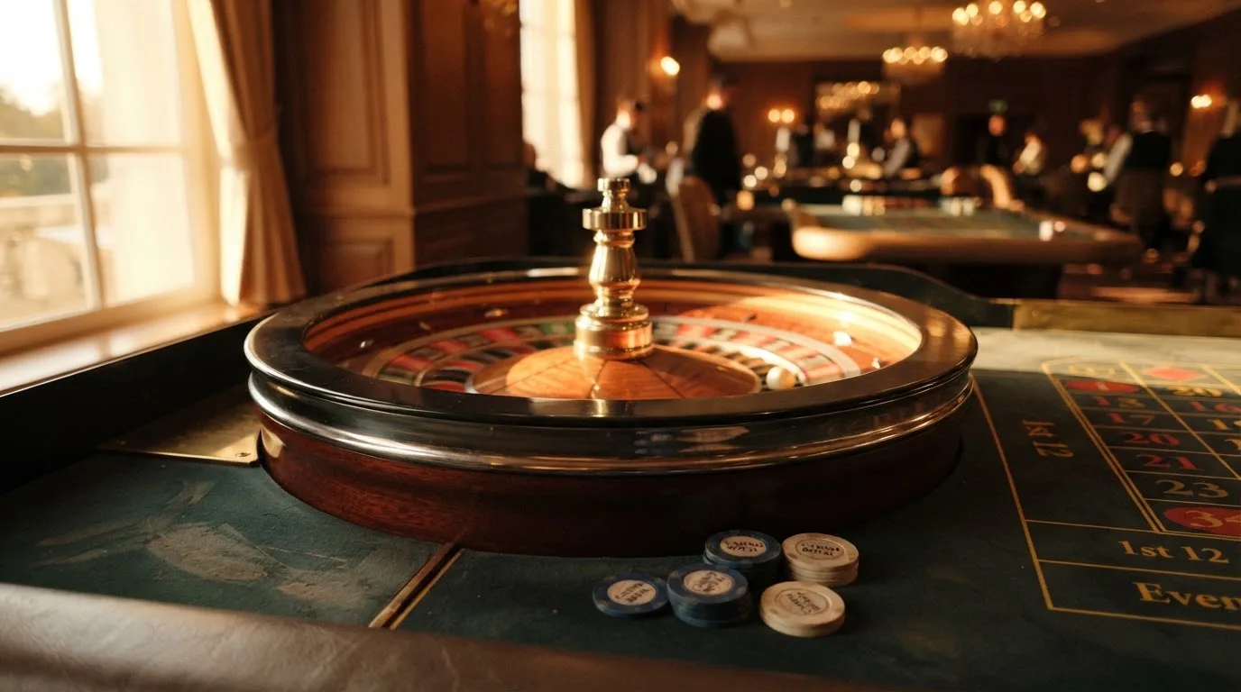 Roda de roleta e fichas sobre feltro verde, sob uma luz quente de fim de tarde — blackjack casinos em portugal