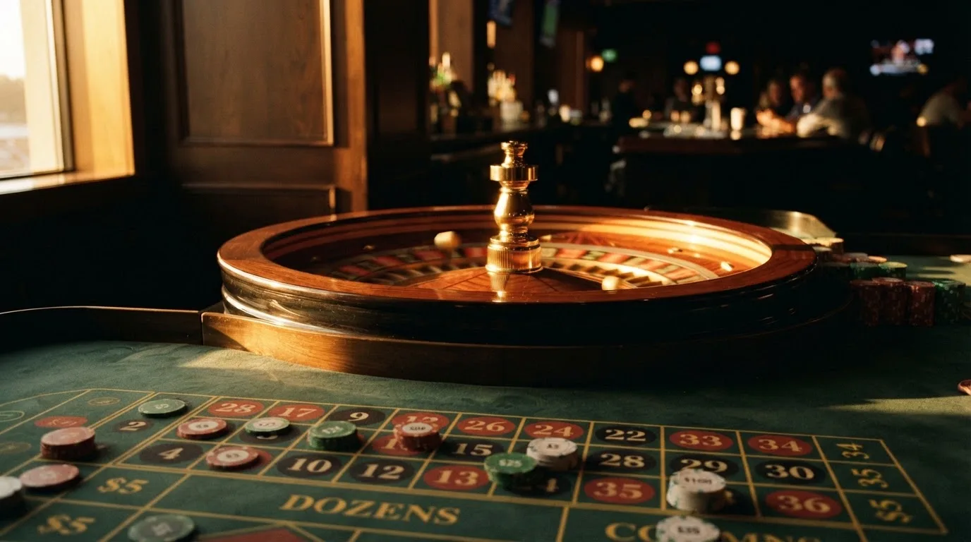 Roda de roleta e fichas sobre feltro verde, sob uma luz quente de fim de tarde — blackjack online casino em portugal