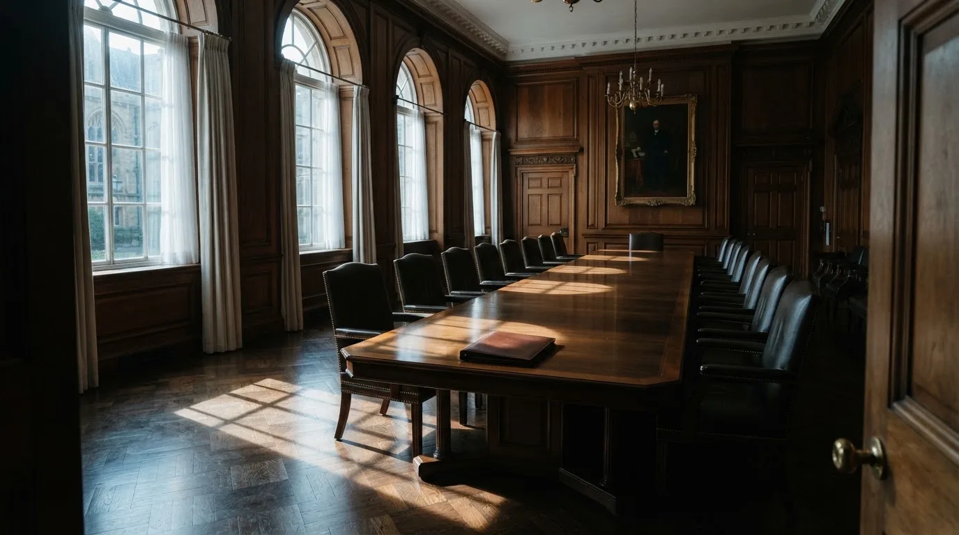 Sala de tribunal vazia com painéis de madeira, à luz da manhã — blackjack regras para portugueses