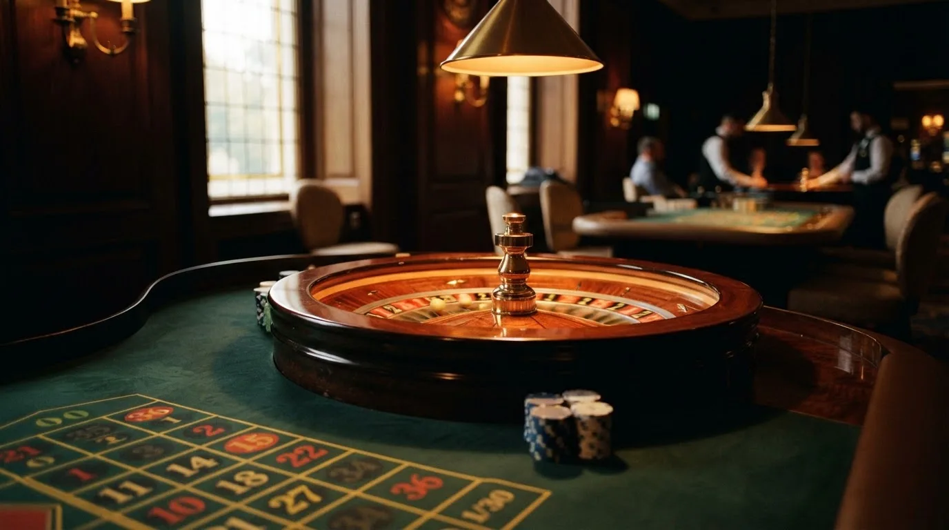 Roda de roleta e fichas sobre feltro verde, sob uma luz quente de fim de tarde — caça-níqueis em casinos portugueses