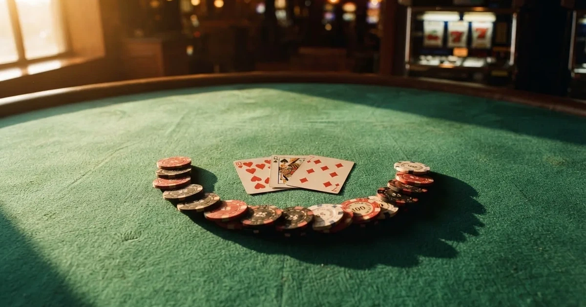 Mesa de jogo iluminada com cartas, vista de cima — caça-níqueis em casinos portugueses