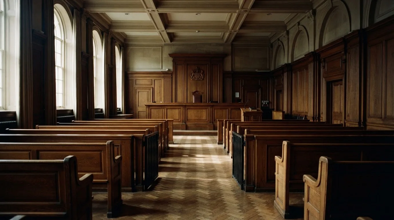 Sala de tribunal vazia com painéis de madeira, à luz da manhã — caça-níqueis grátis em portugal