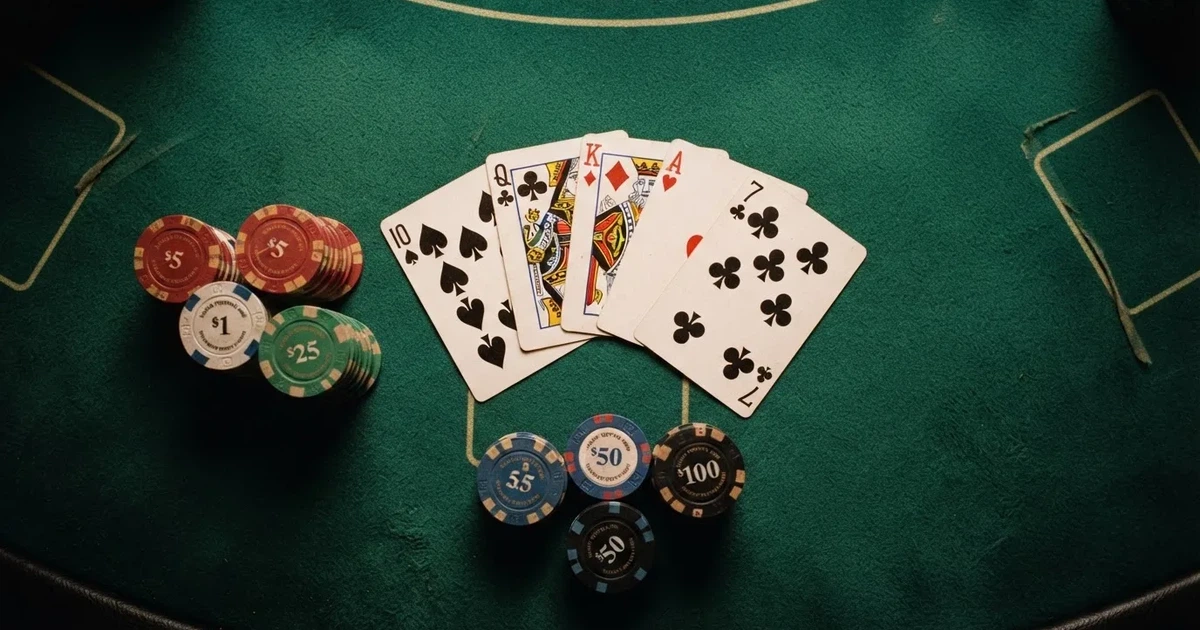 Mesa de jogo iluminada com cartas, vista de cima — caça-níqueis grátis em portugal