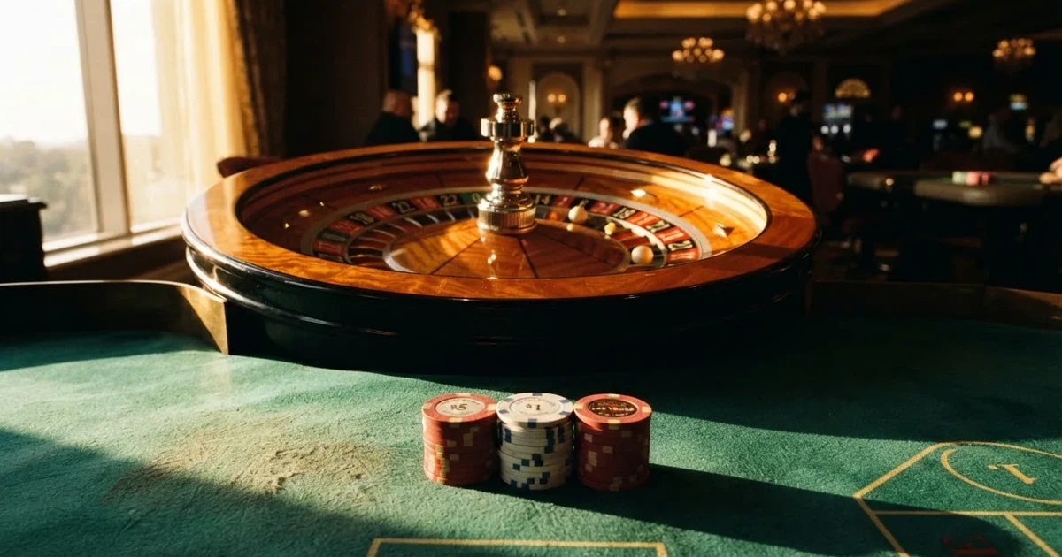 Roda de roleta e fichas sobre feltro verde, sob uma luz quente de fim de tarde — casino apostas em portugal
