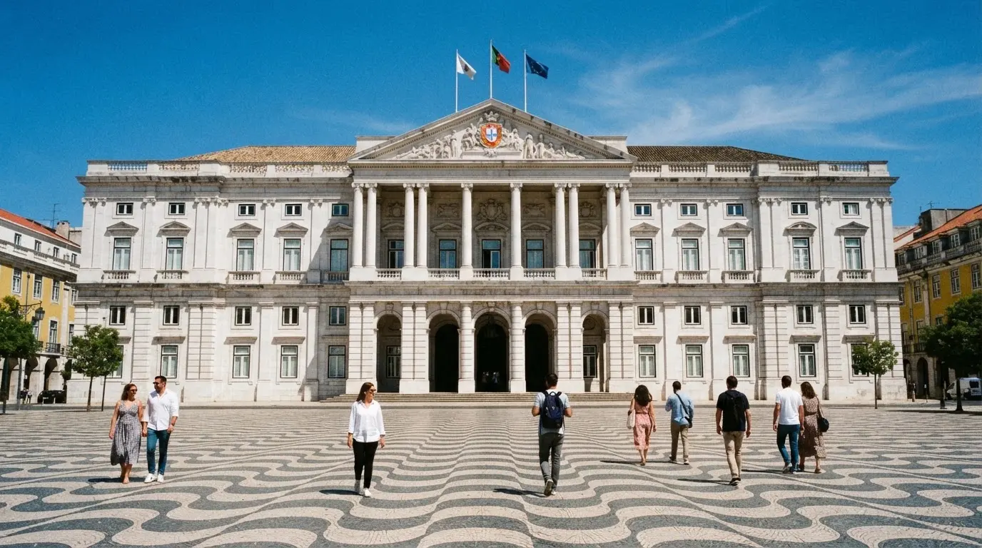Edifício de arquitetura clássica com colunas brancas num largo lisboeta, pessoas ao longe, luz do meio-dia.
