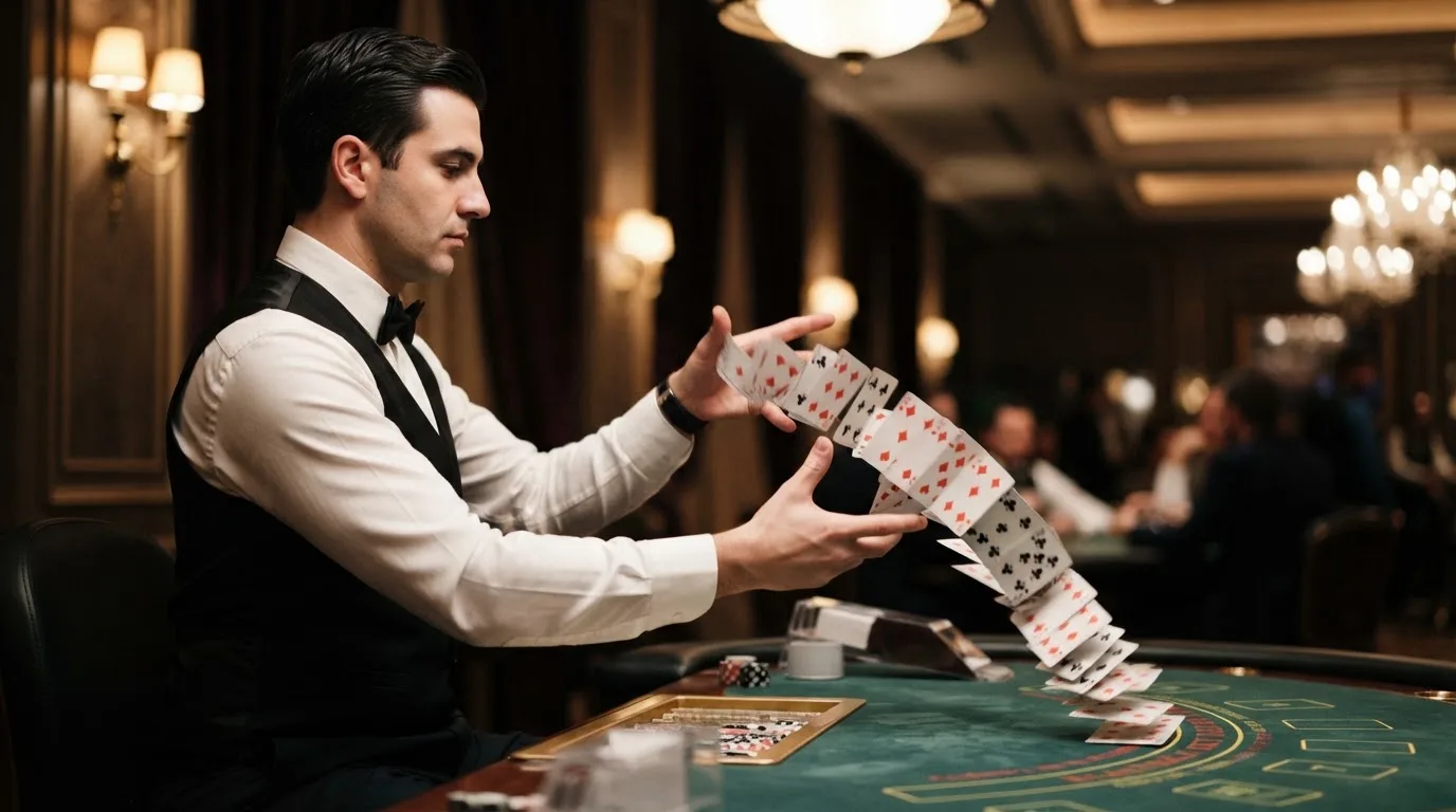 Croupier de gravata a baralhar cartas com destreza, vista lateral, fundo desfocado de um salão de casino em Portugal.