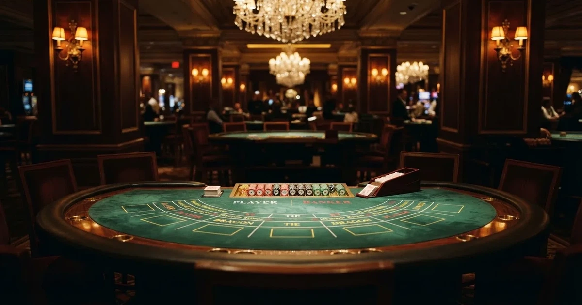 Mesa semicircular de bacará num casino elegante, com feltro verde e lugares vazios, iluminação dourada e fichas arrumadas por cores.