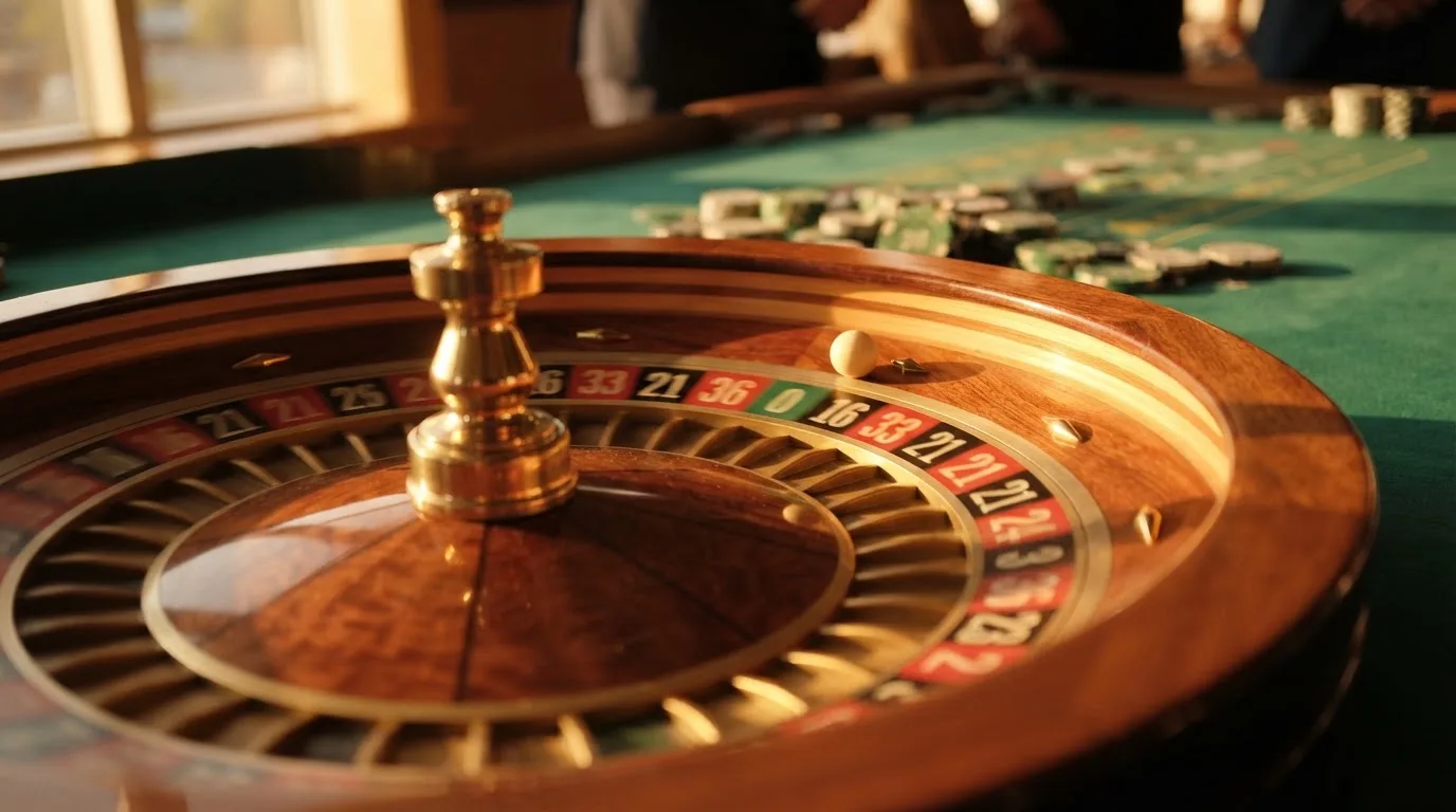 Roda de roleta e fichas sobre feltro verde, sob uma luz quente de fim de tarde — casino com bingo em portugal