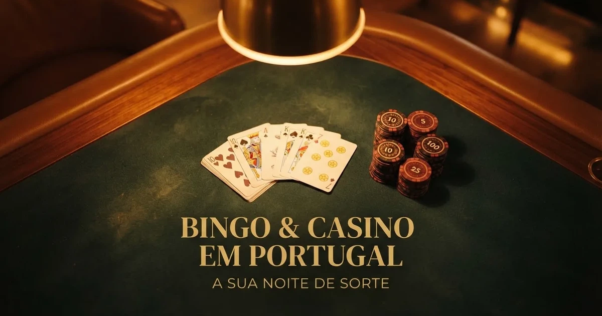 Mesa de jogo iluminada com cartas, vista de cima — casino com bingo em portugal