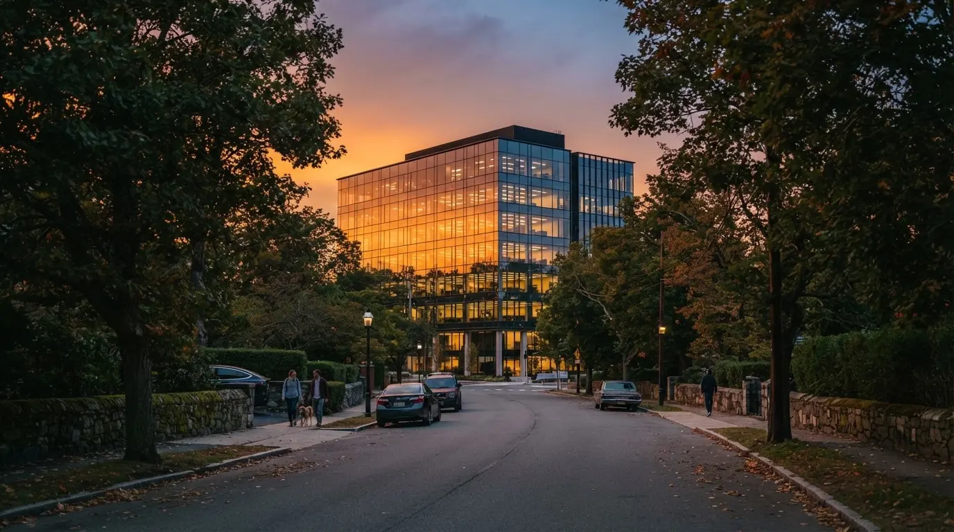 Edifício de escritórios com fachada de vidro ao entardecer, reflexo do céu cor-de-laranja e uma rua tranquila em primeiro plano.