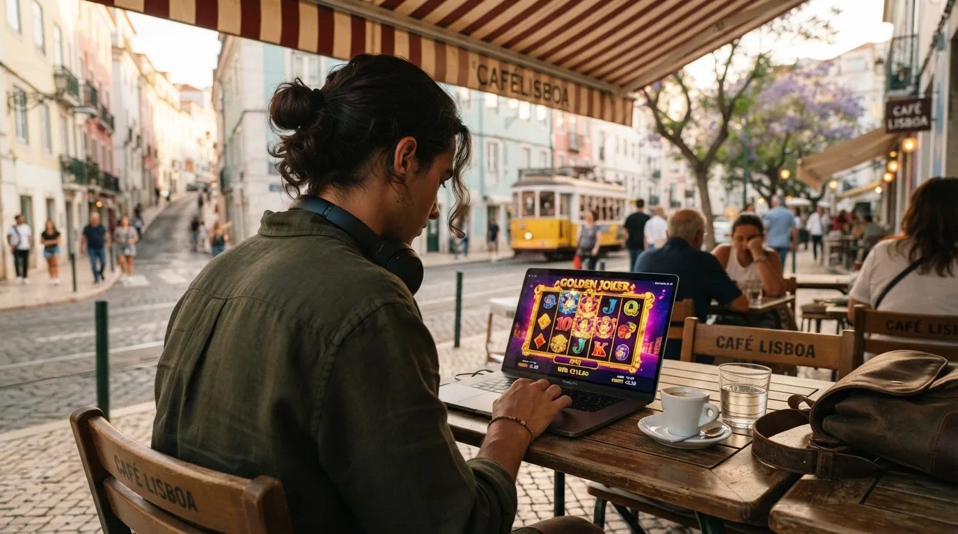 Jovem a trabalhar num café com portátil e auscultadores ao pescoço, esplanada de Lisboa ao fundo, luz suave.