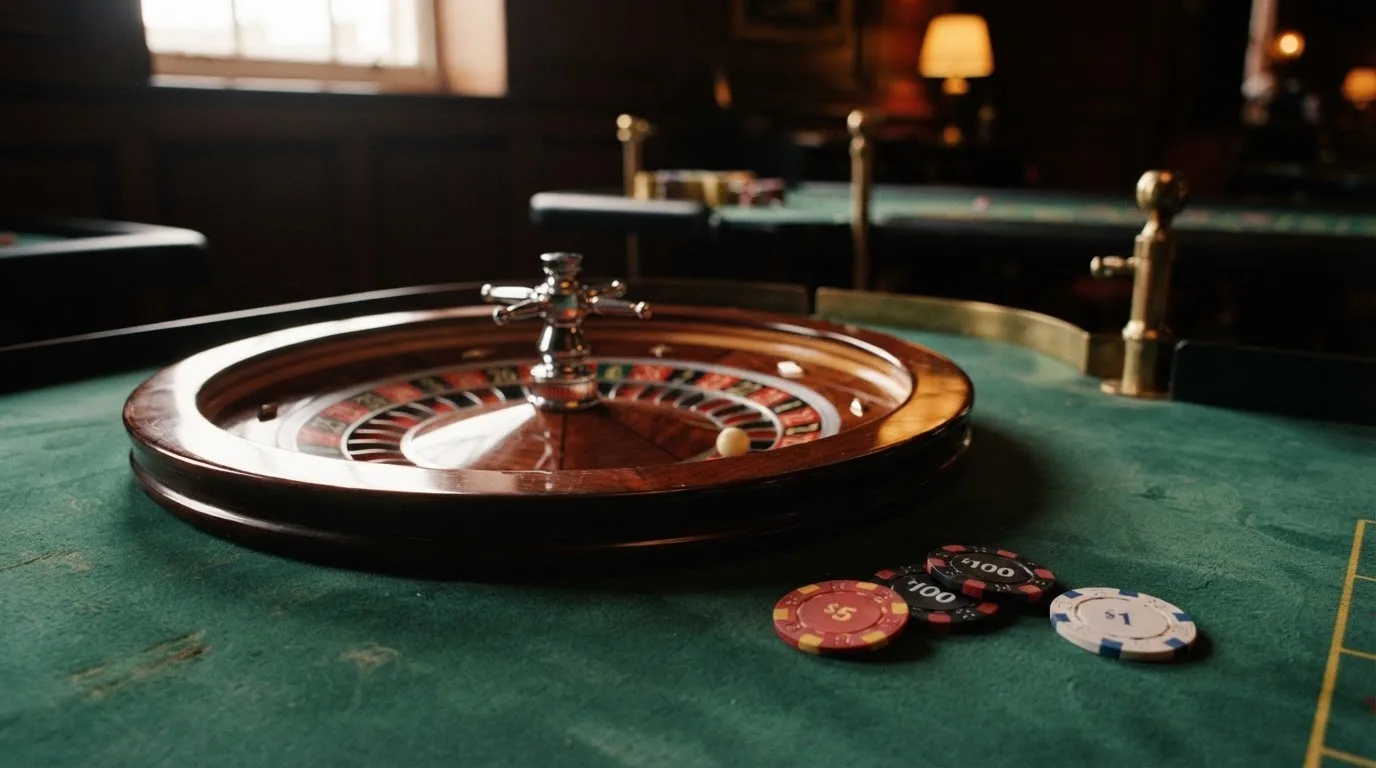 Roda de roleta e fichas sobre feltro verde, sob uma luz quente de fim de tarde — casino com bônus no cadastro pt