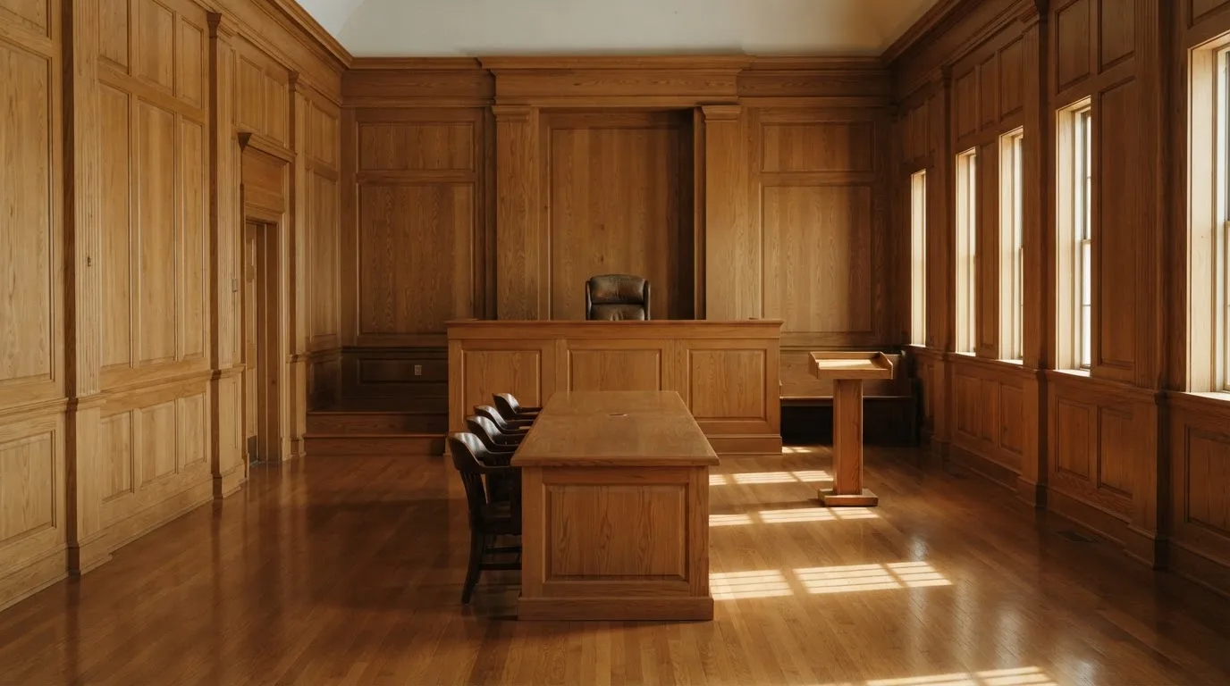 Sala de tribunal vazia com painéis de madeira, à luz da manhã — casino com dinheiro em portugal