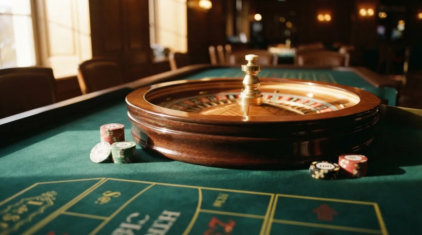 Roda de roleta e fichas sobre feltro verde, sob uma luz quente de fim de tarde — casino com dinheiro em portugal