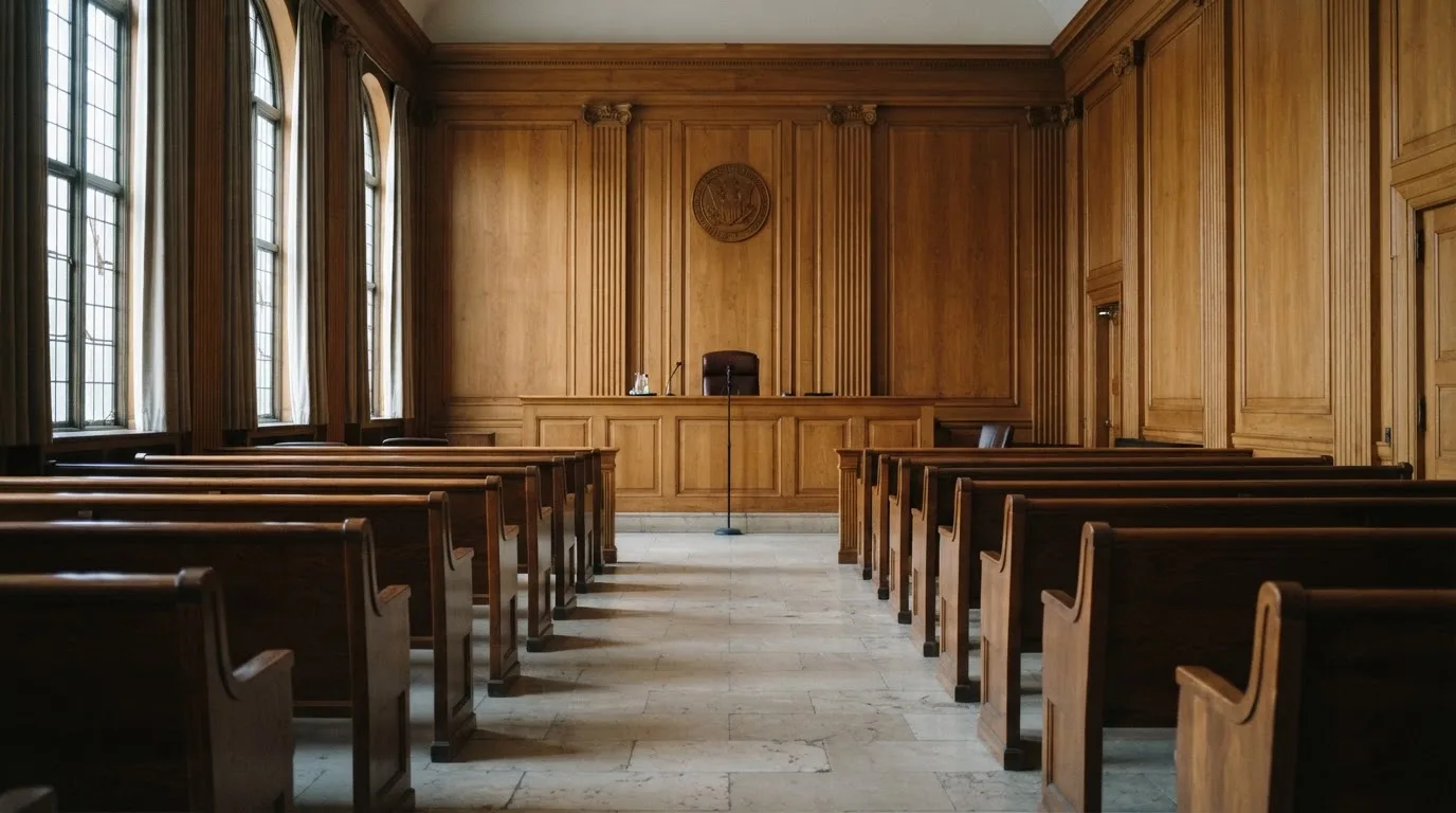 Sala de tribunal vazia com painéis de madeira, à luz da manhã — casino com ethereum em portugal