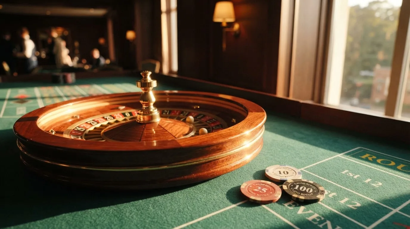 Roda de roleta e fichas sobre feltro verde, sob uma luz quente de fim de tarde — casino com ethereum em portugal