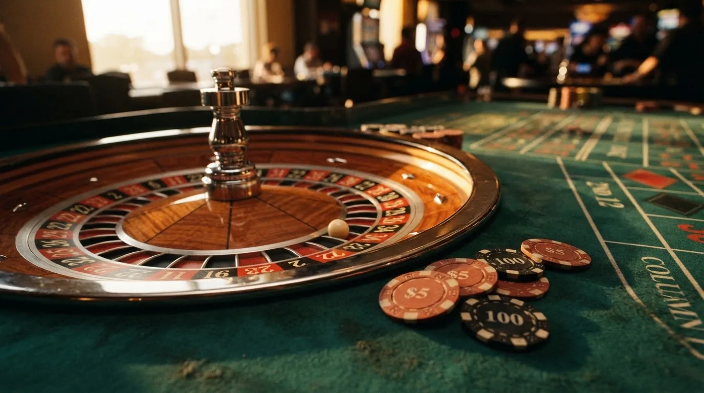 Roda de roleta e fichas sobre feltro verde, sob uma luz quente de fim de tarde — casino com free spins em portugal