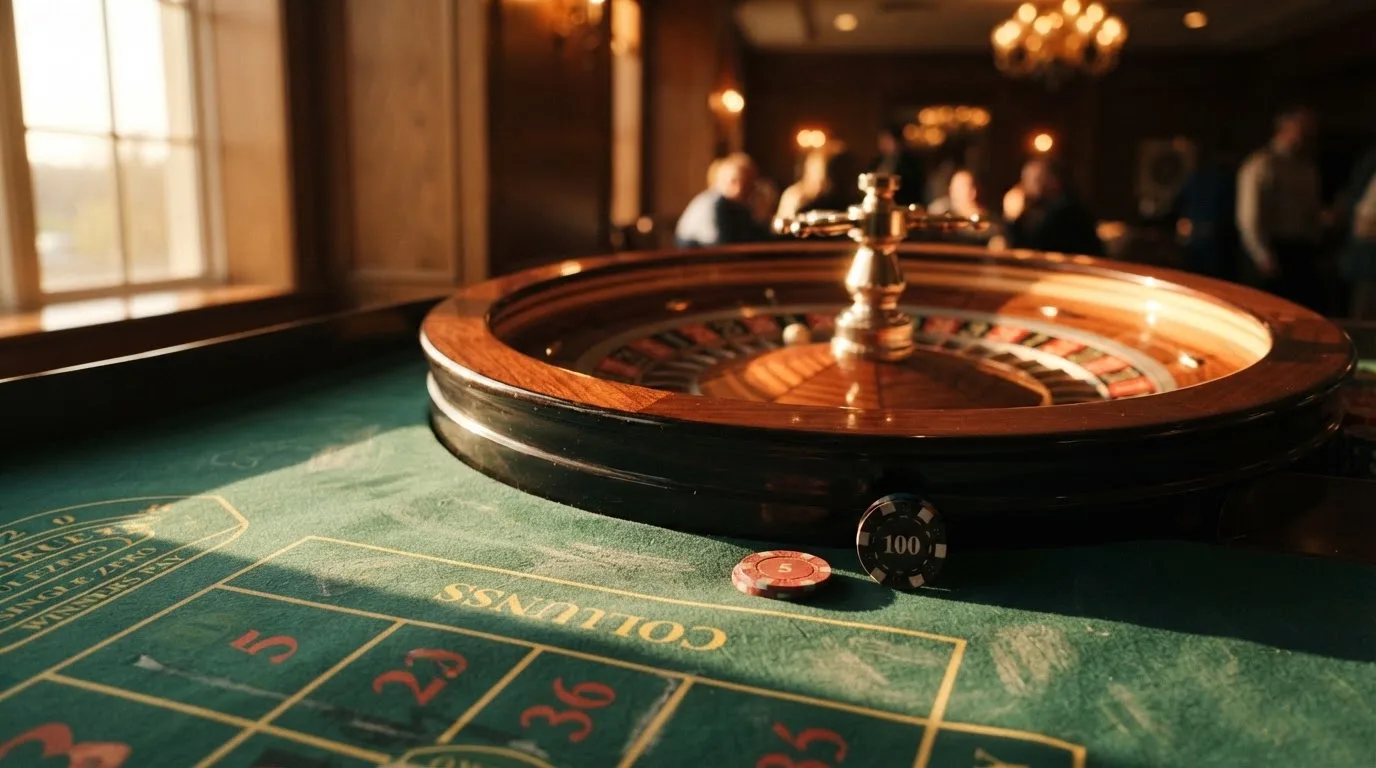 Roda de roleta e fichas sobre feltro verde, sob uma luz quente de fim de tarde — casino com grátis spins pt