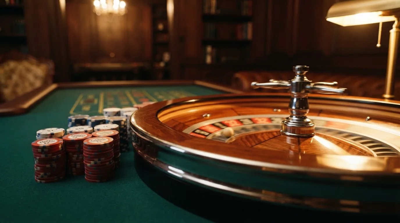 Roda de roleta e fichas sobre feltro verde, sob uma luz quente de fim de tarde — casino com levantamento pt