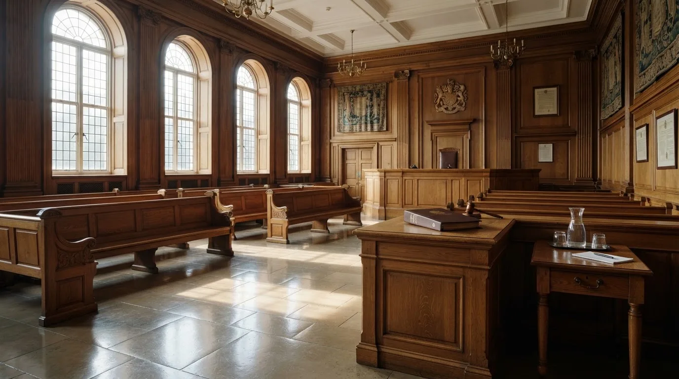 Sala de tribunal vazia com painéis de madeira, à luz da manhã — casino com litecoin em portugal