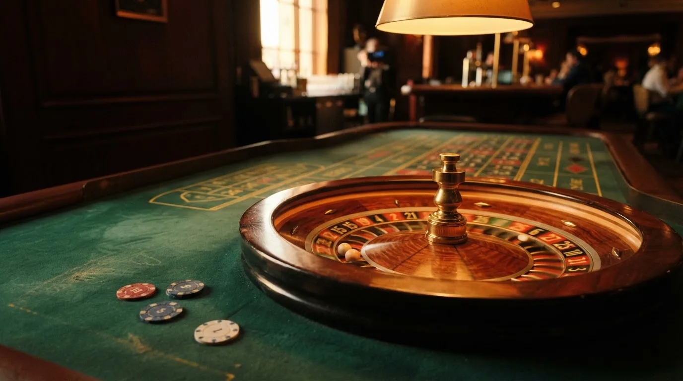 Roda de roleta e fichas sobre feltro verde, sob uma luz quente de fim de tarde — casino com litecoin em portugal