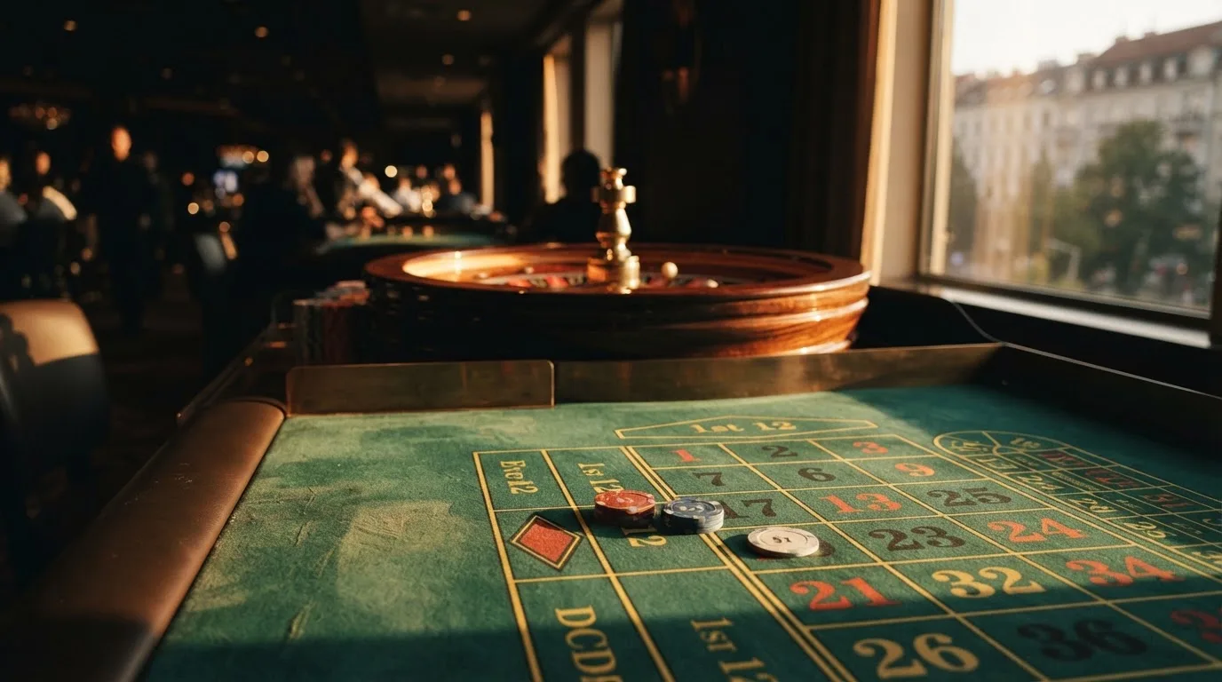 Roda de roleta e fichas sobre feltro verde, sob uma luz quente de fim de tarde — casino com solana em portugal