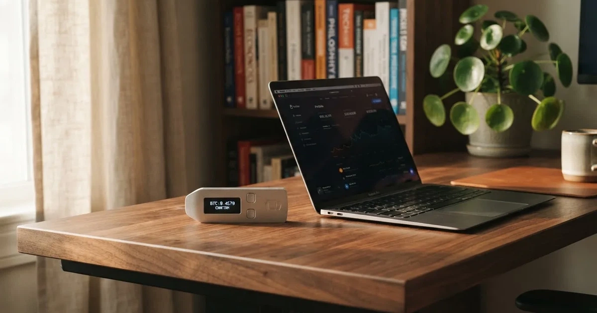 Carteira de hardware e computador portátil numa secretária, com luz suave — casino com solana em portugal