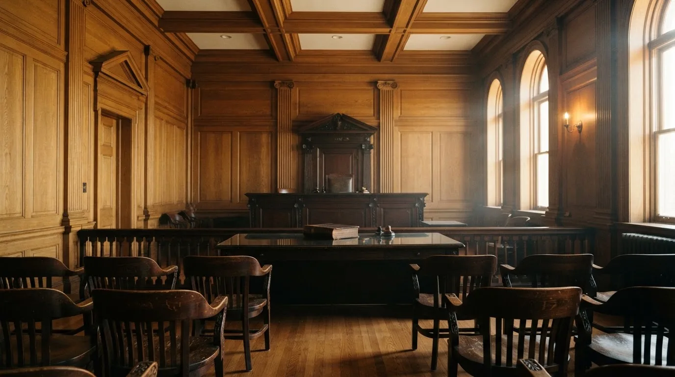 Sala de tribunal vazia com painéis de madeira, à luz da manhã — casino com tether em portugal