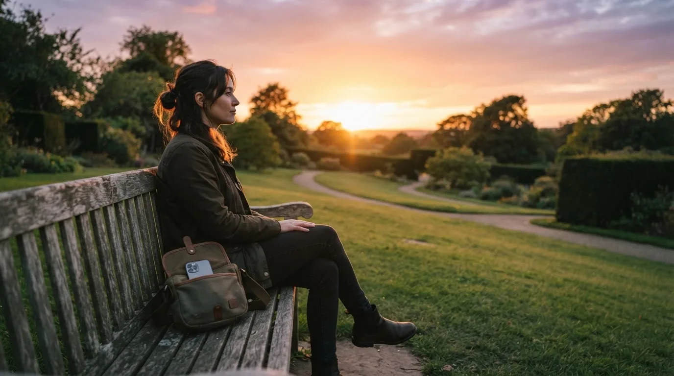 Pessoa sentada num banco de jardim ao pôr do sol, a olhar para o horizonte, com o telemóvel guardado numa mala.