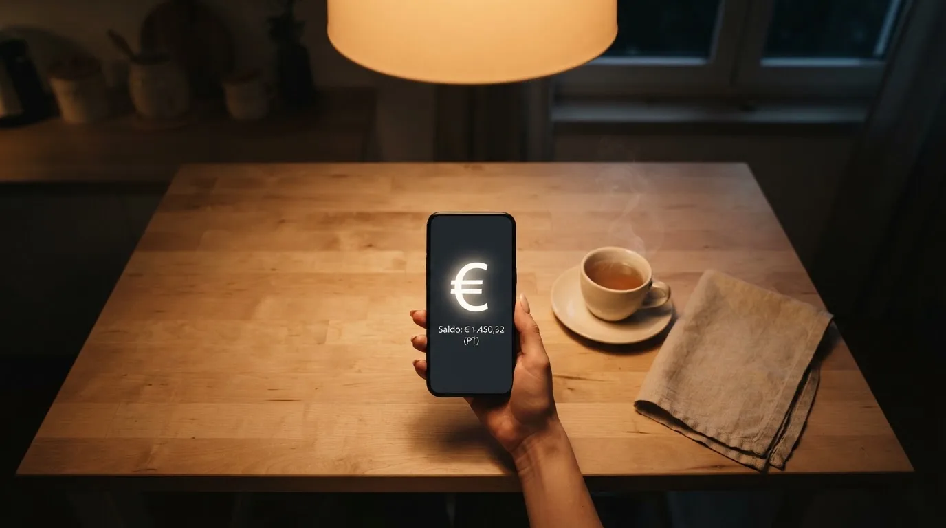 Mão a segurar um telemóvel ao lado de uma chávena de chá numa mesa de cozinha, numa noite tranquila — casino é confiável em portugal
