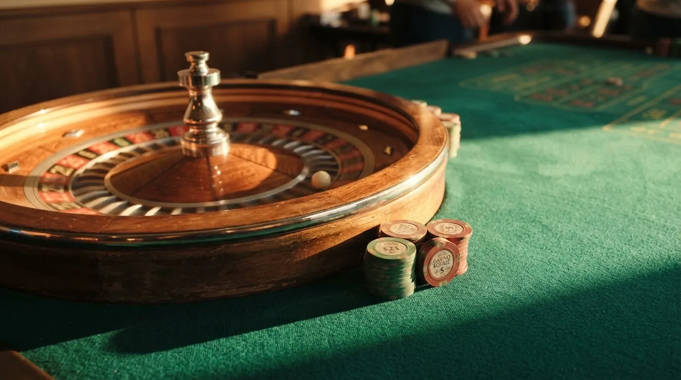 Roda de roleta e fichas sobre feltro verde, sob uma luz quente de fim de tarde — casino é confiável em portugal