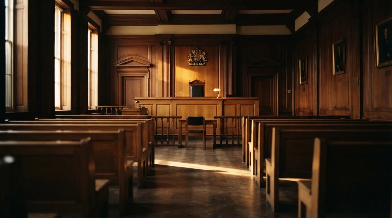 Sala de tribunal vazia com painéis de madeira, à luz da manhã — casino pagamentos em portugal