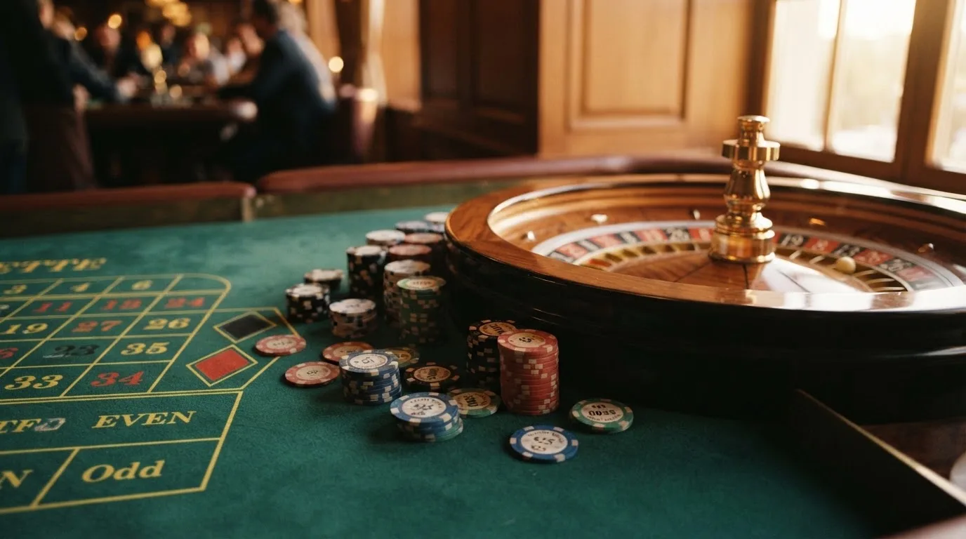 Roda de roleta e fichas sobre feltro verde, sob uma luz quente de fim de tarde — casino pagamentos em portugal