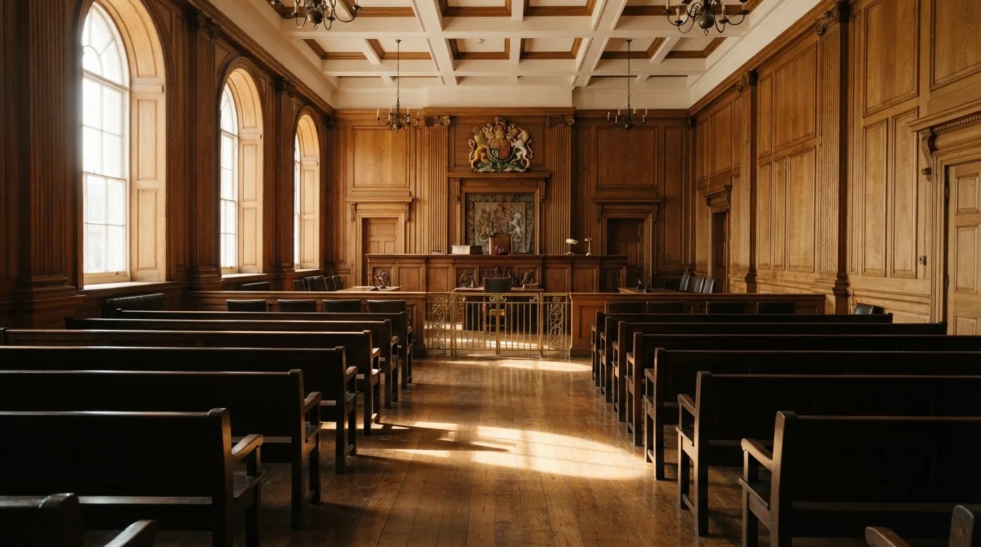 Sala de tribunal vazia com painéis de madeira, à luz da manhã — casino slots portugues